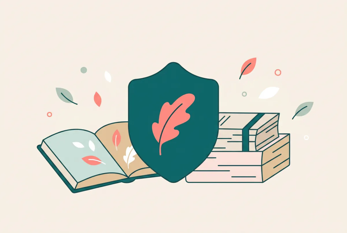 A shield with a leaf in front of a stack of documents